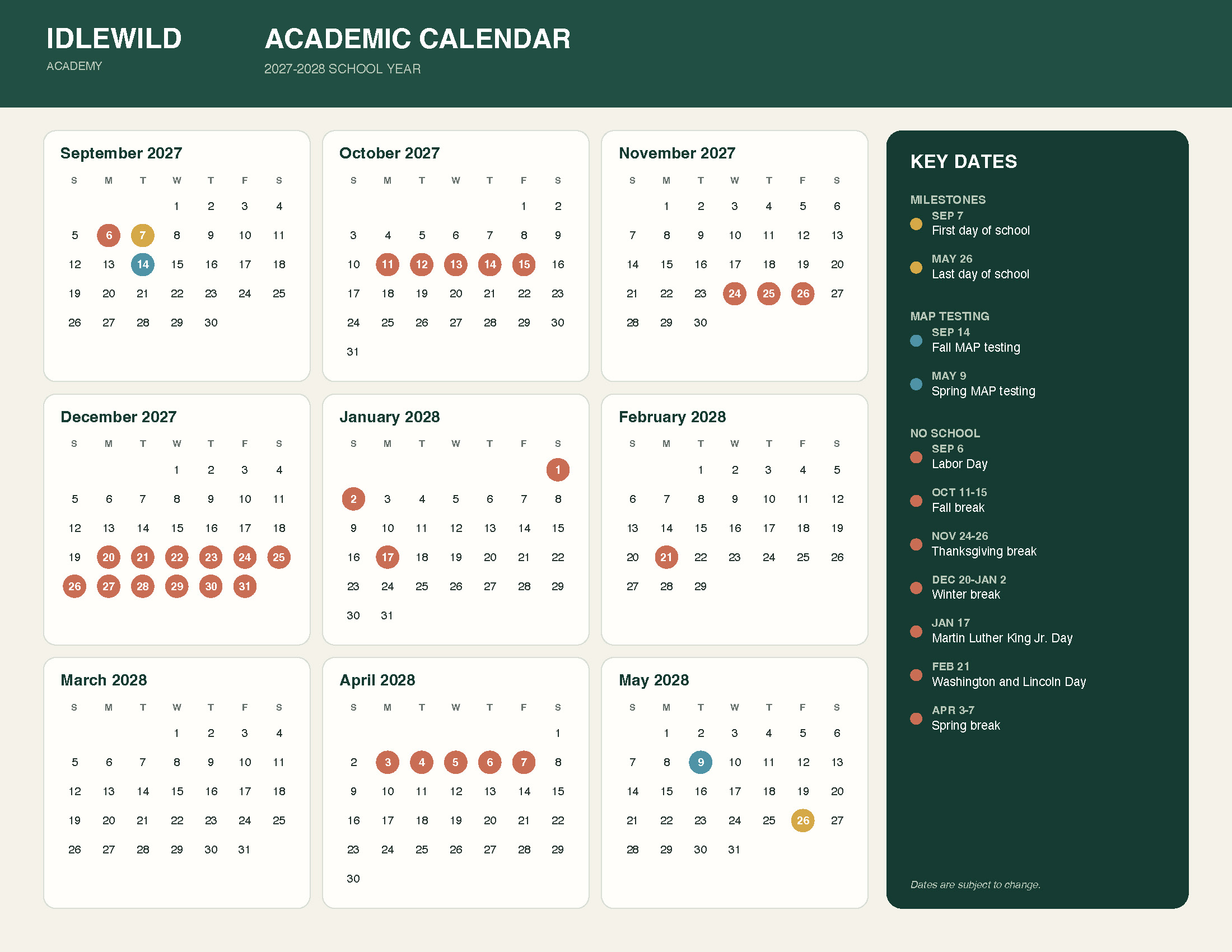 idlewild academic calendar